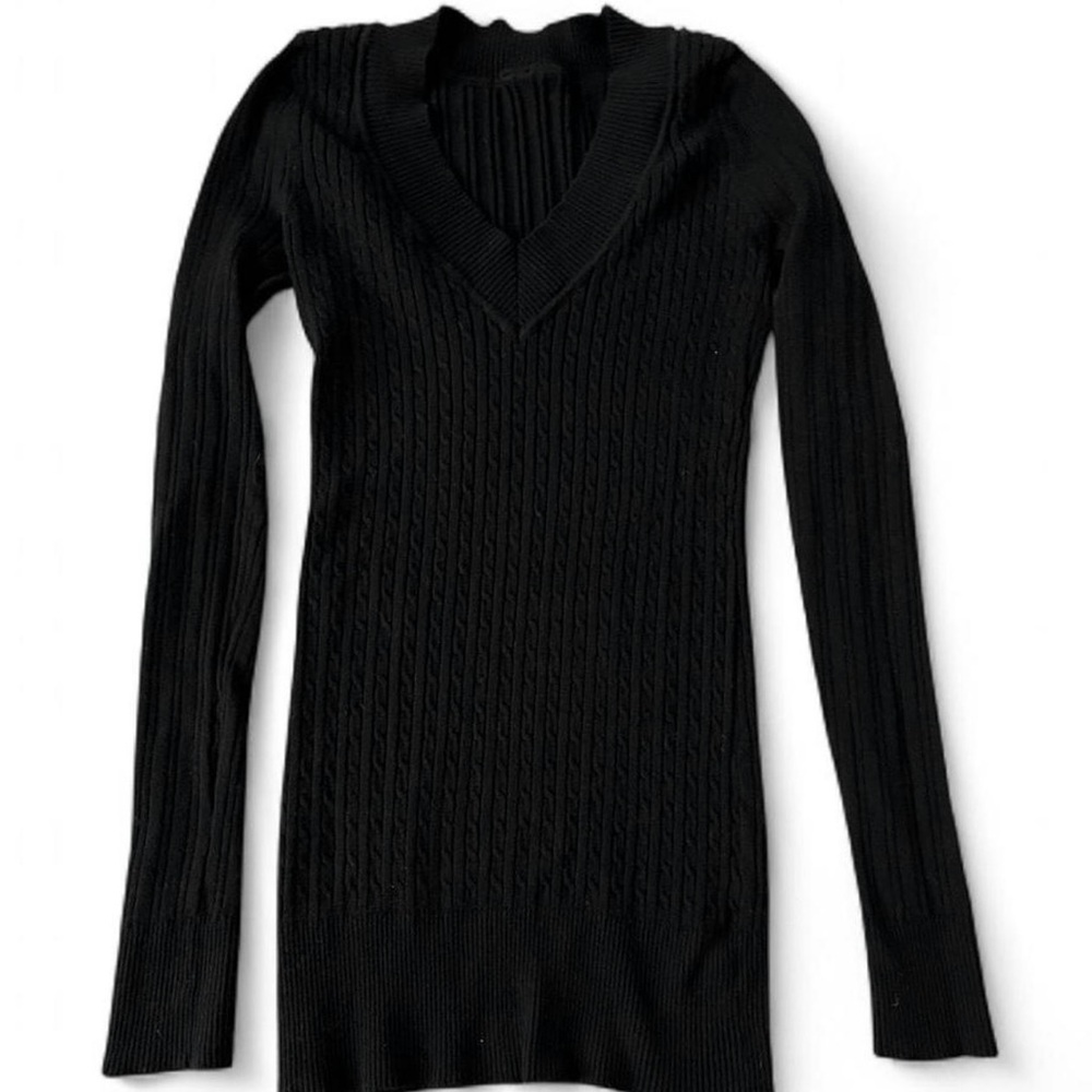 Black V-Neck Cable Knit Sweater